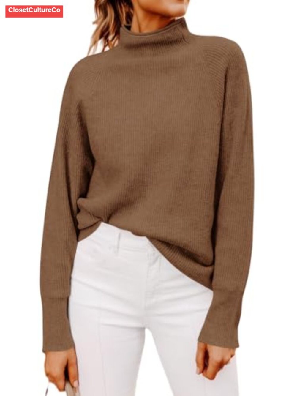 Womens Mock Neck Long Sleeve Ribbed Knit Pullover Sweater Polyester Spandex